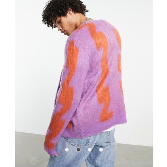 Obey | Men's Dexter Shaggy Knit Cardigan Sweater Purple Orange Grunge Size XL - Picture 7 of 9